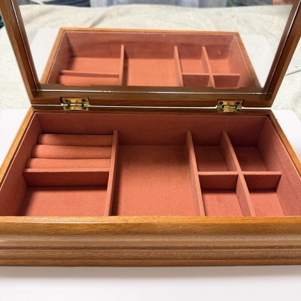 Vintage Jewelry Box Wooden With Mirror Felt Lined Trinket Organizer Display Case